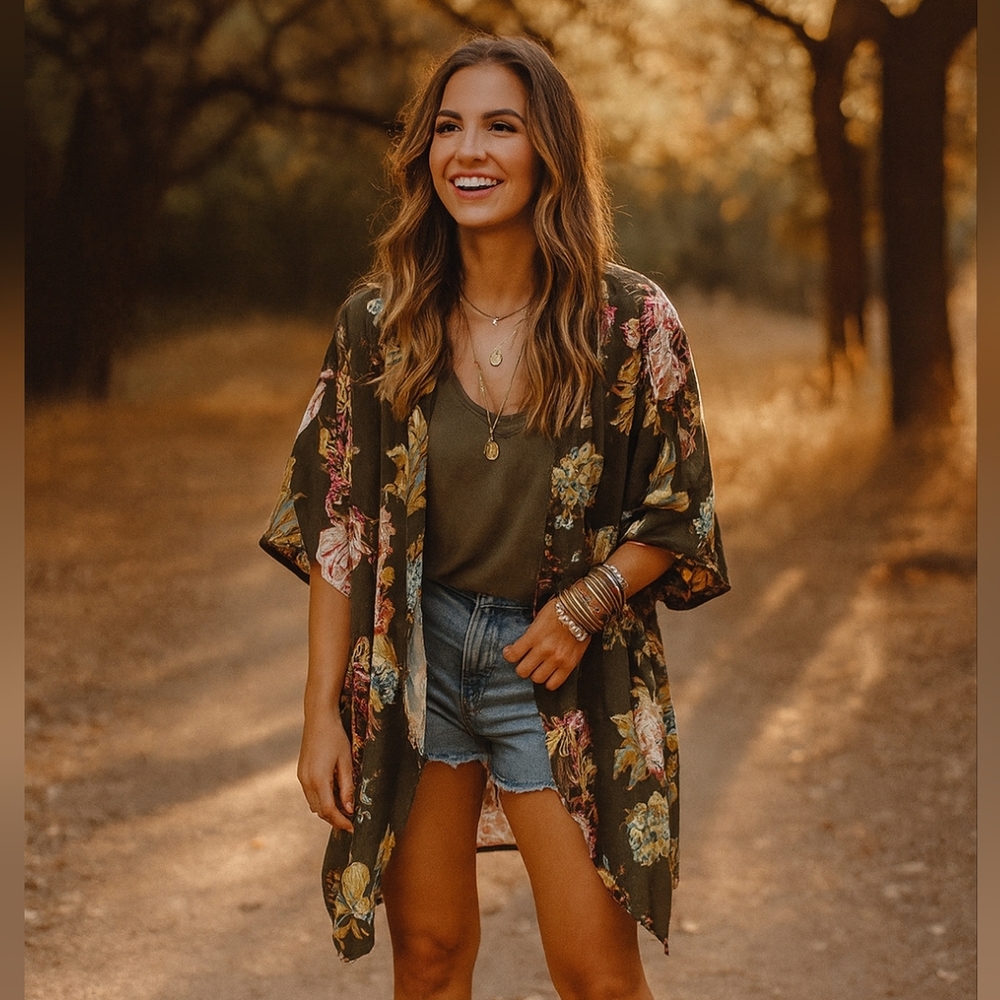 Olive Floral Open-Front Kimono for Women